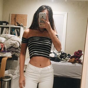 Off shoulder striped tee